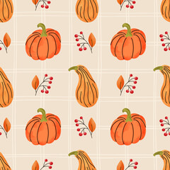 Watercolor vector seamless pattern featuring cozy fall foliage, pumpkins, and forest plants in warm tones. Ideal for Halloween, Thanksgiving, wrapping paper, fabric, and wallpaper