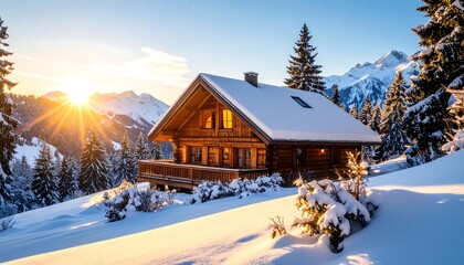 Wooden chalet in snowy mountains at sunset
