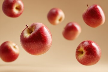 Levitation of Fresh Red Apples: Creative Imagery of Ripe Fruits in Air Against a Soft Beige Backdrop