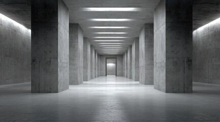 Empty, concrete hallway.  Illuminated by sleek lights