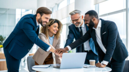Diverse team in modern office celebrating success with hands clasped together over a laptop