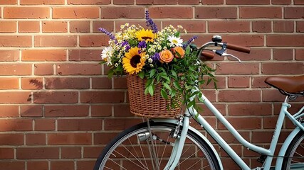 Charming Vintage Bicycle with Vibrant Summer Flowers in Wicker Basket Against Warm Brick Wall - Powered by Adobe