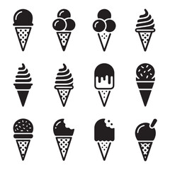 Vector art of a diverse collection of twelve black and white ice cream cone icons, showcasing various flavors and styles