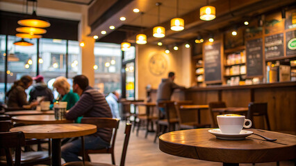 Warm, inviting coffee shop ambiance with people socializing and enjoying beverages