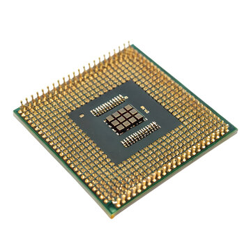 Close up of a central processing unit showing the pins on a transparent background