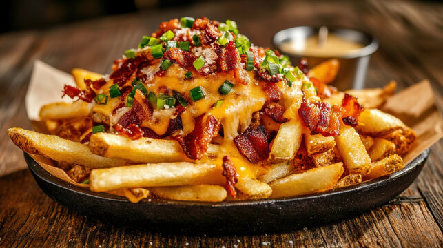 Delicious cheese-topped loaded fries with bacon and green onions, perfect for food lovers and snack enthusiasts.