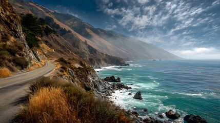 Dramatic coastal highway scenery with ocean waves and rocky shoreline