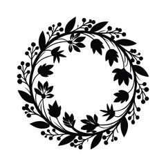 Silhouette of a Floral Wreath with Elegant Black Leaves and Berries