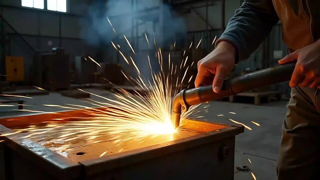 Worker cutting metal with plasma torch in industrial workshop with flying sparks and steel surface
