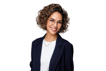 Confident Hispanic businesswoman with curly hair and glasses smiling, isolated on transparent background
