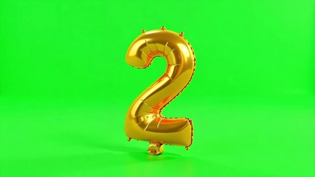 Shiny gold number two balloon floating against a vibrant green screen background, perfect for celebrations.