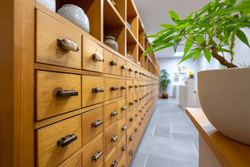 Interior of modern oriental medicine clinic with wooden cabinets and herbal drawers, calm atmosphere,
