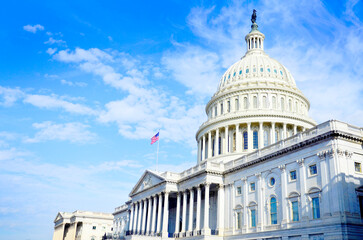 United States Capitol Building in Washington DC on Bright Sunny Day with Blue Sky