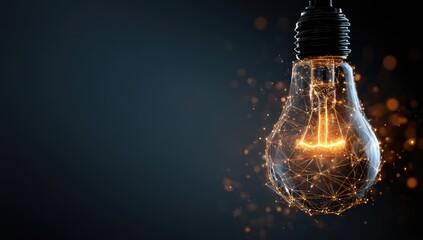 Illuminated lightbulb, digitally rendered as a network of lines, glowing warmly against a dark backdrop