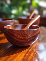 Artisan Crafted Wooden Bowls and Spoons on a Rustic Wooden Table surface display