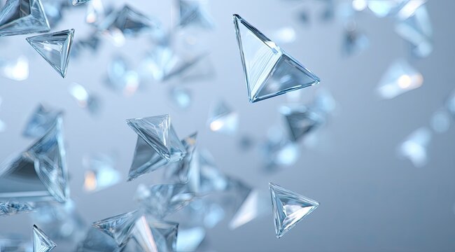 Light blue triangular prisms float in mid-air