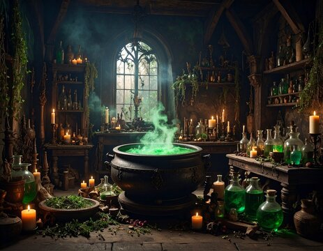 Witchcraft Setup with Candles, Potions, and Cauldron