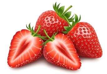 Fresh ripe strawberries, one cut in half, isolated on white background