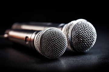 Obraz premium Intimate Duet: Two Microphones Resting on a Dark Surface, Capturing the Essence of Live Singing and Stage Performance