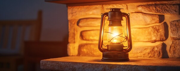 A vintage lantern provides warm light against a stone wall setting