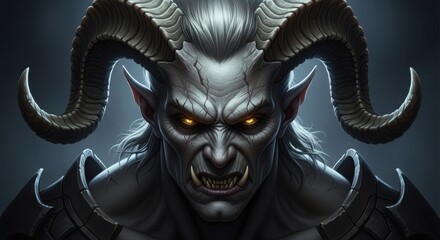 Naklejka premium Intense digital artwork portraying a formidable demon figure with horns and fierce gaze