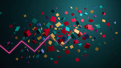 Colorful geometric shapes and neon line graph on dark teal background abstract blue