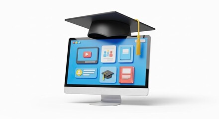 3D Computer Monitor & Graduation Hat: Online Education, E-Learning, Digital Degrees