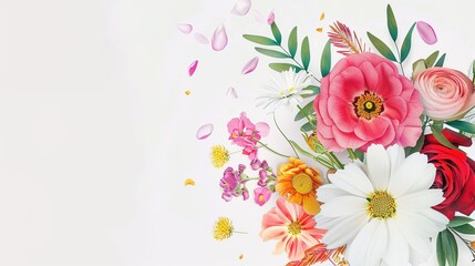 Blooming Charm: Delightful Picture of Flower Bouquet on White Cartoon Background – Vibrant Roses with Curved Petals, Sunflowers with Big Smiling Centers, Fluffy Daisies,