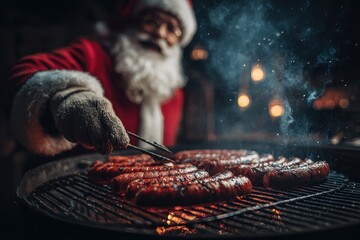 Festive BBQ: Santa Claus Cooking Sausages on the Grill for a Joyous Christmas Celebration