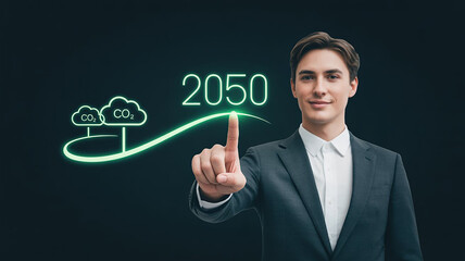 Businessman Selecting 2050 Carbon Reduction Goal:  Green Technology, Climate Change, Sustainable Future.