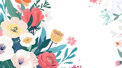 Blooming Charm: Delightful Picture of Flower Bouquet on White Cartoon Background – Vibrant Roses with Curved Petals, Sunflowers with Big Smiling Centers, Fluffy Daisies,