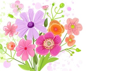 Blooming Charm: Delightful Picture of Flower Bouquet on White Cartoon Background – Vibrant Roses with Curved Petals, Sunflowers with Big Smiling Centers, Fluffy Daisies,