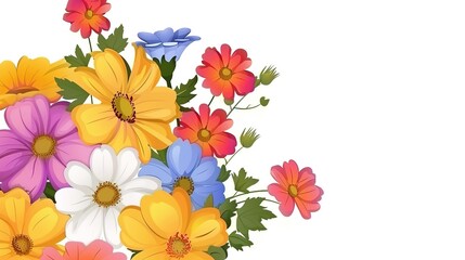 Blooming Charm: Delightful Picture of Flower Bouquet on White Cartoon Background – Vibrant Roses with Curved Petals, Sunflowers with Big Smiling Centers, Fluffy Daisies,