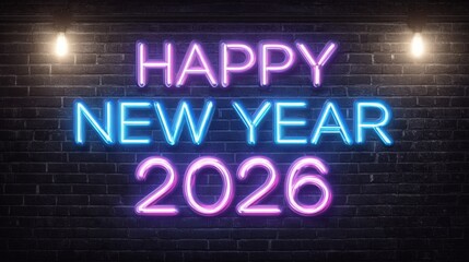 Bright neon lights display joyful messages wishing a happy new year and merry christmas for 2026. The festive decor creates an inviting atmosphere perfect for celebrations.