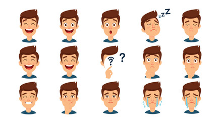 Illustrative depiction showing a variety of facial expressions of a young man on a white background
