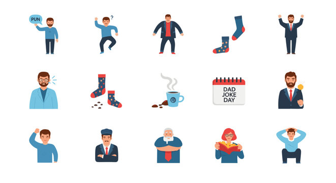 Collection of dad themed icons featuring men, socks, coffee, and a dad joke day calendar image - Powered by Adobe