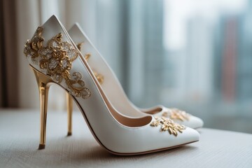 Elegant Bridal Shoes: Stunning Gold High Heels for the Bride in a Chic White Room