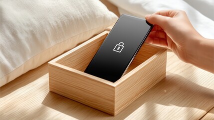 A hand is placing a phone in a wooden box. The screen is black. There is a lock screen icon. Disable for resting.