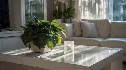 Sunlight streams onto a white coffee table in a light-filled living room.  A potted plant and candle sit on the table
