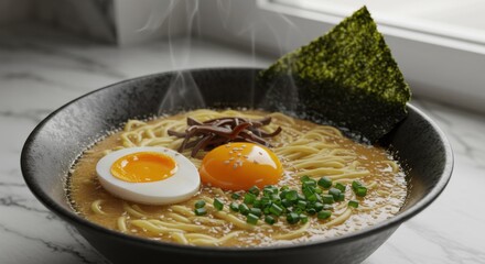 A steaming bowl of ramen with egg, seaweed, and green onions on a marble surface near window