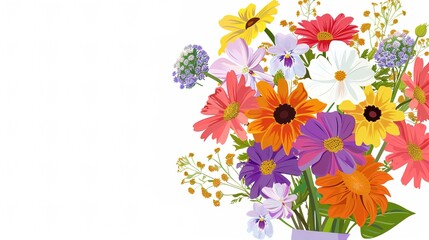 Blooming Charm: Delightful Picture of Flower Bouquet on White Cartoon Background – Vibrant Roses with Curved Petals, Sunflowers with Big Smiling Centers, Fluffy Daisies,