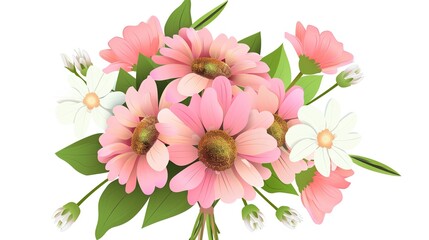 Blooming Charm: Delightful Picture of Flower Bouquet on White Cartoon Background – Vibrant Roses with Curved Petals, Sunflowers with Big Smiling Centers, Fluffy Daisies,
