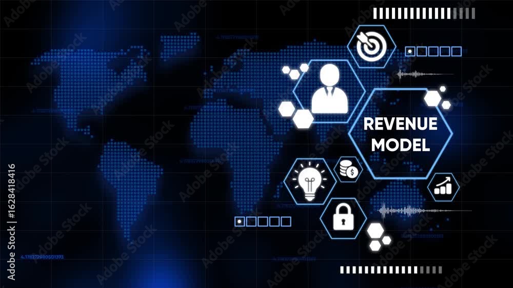 Poster animated revenue model concept with global connections and business data visualization