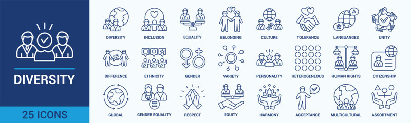 Diversity icon set. Containing equality, culture, languages, tolerance, difference, belonging, human rights and ethnicity icons. Outline icon collection. Vector illustration.