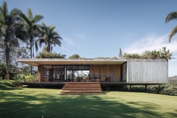 Obraz premium Modern architecture blends with nature in a stunning house in a tropical landscape with lush greenery and clear blue sky