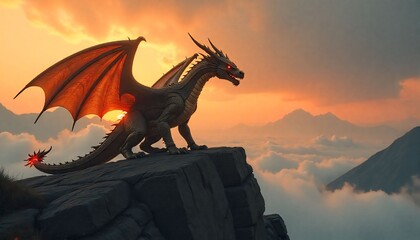 majestic dragon perched on a mountain peak during sunset, with glowing runes on its wings, cinematic lighting
