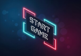 Futuristic neon game screen with pixelated start game message