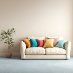 Cream sofa with colorful cushions, light beige wall, and small plant