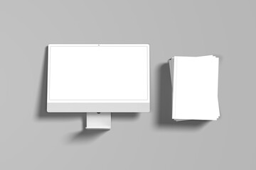 Mockup of modern desktop computer isolated on white background with book cover mockup design. blank book mockup shadow overlay