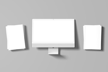 Mockup of modern desktop computer isolated on white background with book cover mockup design. blank book mockup shadow overlay